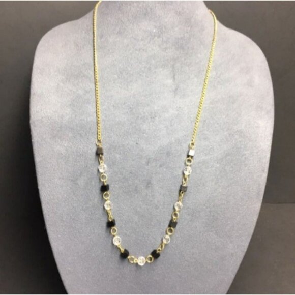 Long Retro Necklace 31 In Gold Chain Black Cube Round Faceted Crystal Classic - Picture 1 of 6